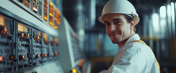 Poster - A young worker in a control room, smiling while monitoring equipment.