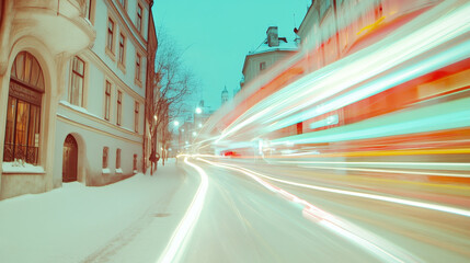 Naklejka na meble vibrant city street at night, illuminated by colorful light trails from passing vehicles, surrounded by snow covered buildings. scene captures dynamic urban atmosphere