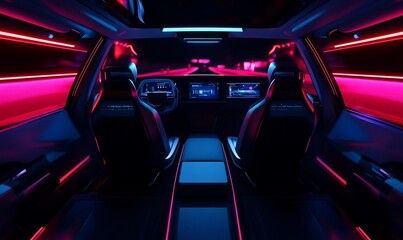 Poster - Futuristic car interior with neon lighting and advanced displays.