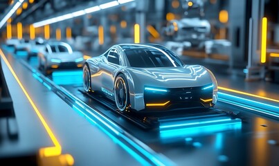 Poster - Futuristic car on an assembly line in a high-tech factory.