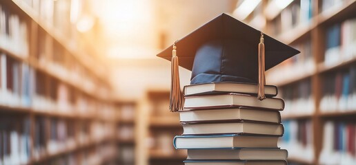 Aufkleber - Graduation cap on a stack of books in a library setting.