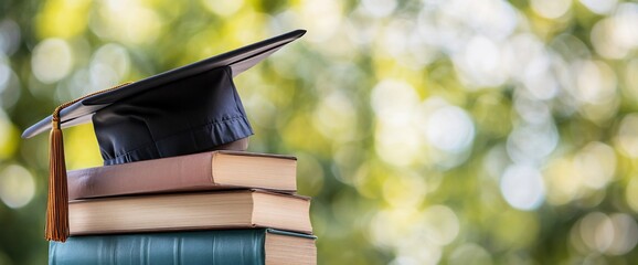 Poster - Graduation cap on stacked books with a blurred natural background.