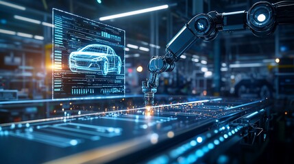 Poster - Robotic arm assembling a futuristic car in a high-tech factory setting.