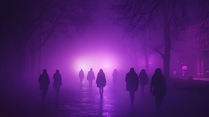 Poster - Silhouetted figures walking through a foggy, purple-lit environment.