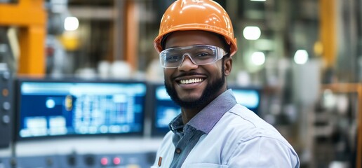 Poster - Smiling worker in safety gear inside an industrial facility.