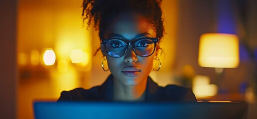 Poster - Woman working on a laptop in a cozy, illuminated environment.
