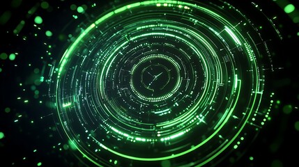 Poster - abstract circular digital background with green lights and particles for technology and futuristic c