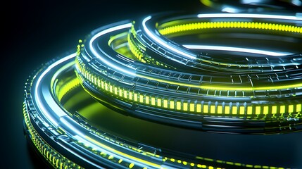 Poster - Abstract Circular Neon Rings with Glowing Yellow Highlights against a Dark Background