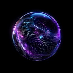 Poster - Abstract Colorful Sphere with Shimmering Dots and Light Trails on Black Background for Digital Art or Technology Themes