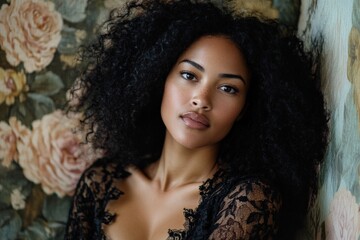 a captivating portrait of a woman with beautiful curly hair, showcasing her natural beauty against a