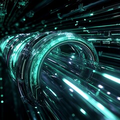 Poster - Abstract Digital Art Featuring Neon Tubes and Futuristic Light Trails in a Dark Environment