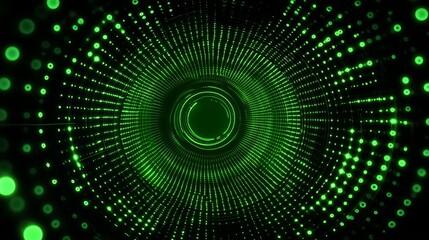 Poster - Abstract digital background with green glowing dots and lines forming circular patterns in a tunnel effect