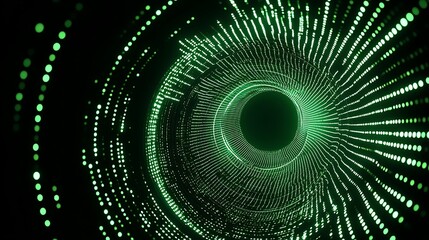 Poster - abstract digital green light tunnel with circular patterns and dots for modern technology and futuri