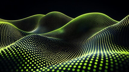 Poster - abstract digital landscape with glowing green dots and curvy lines against dark background for creat