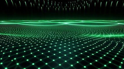 Poster - Abstract Digital Landscape with Glowing Green Grid Patterns and Floating Particles in Futuristic Environment