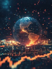 Poster - Abstract glowing polygonal globe on blurry starry sky background with candlestick forex graph. Earth, trade, stock, technology and digital world concept. 3D Rendering