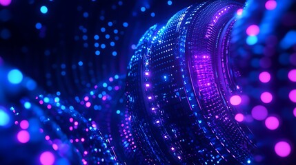 Poster - Abstract futuristic background with glowing blue and purple lights in a wavy pattern and digital texture effects