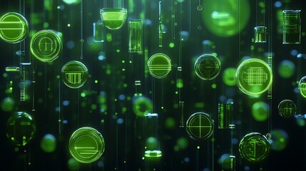 Poster - abstract futuristic background with glowing green technology shapes and digital symbols on a dark ba