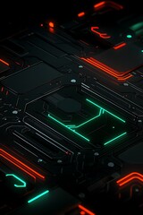 Poster - Abstract Futuristic Circuit Board with Glowing Red and Green Lines Illuminating Dark Background