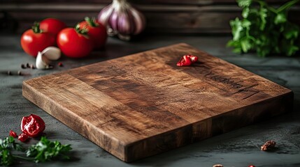 Wall Mural - Wooden Cutting Board with Tomatoes, Garlic, and Parsley