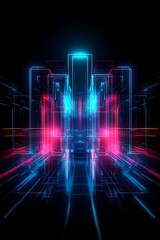 Poster - Abstract futuristic digital landscape with glowing neon lines and vibrant colors in dark background