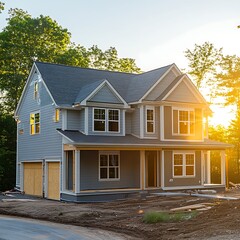 Wall Mural - Newly constructed house exterior in early morning light, undergoing a fresh coat paint. - Image #1 @PrideWalaBrother