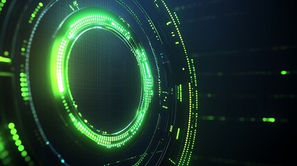 Poster - Abstract Futuristic Green Circular Design with Neon Light Elements and Digital Grid Background for Technology Concepts