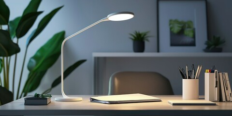 Wall Mural - A modern table lamp mockup with a sleek design placed on a minimalist desk, surrounded by office supplies and a stylish notebook
