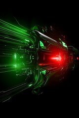 Poster - Abstract futuristic technology illustration featuring bright green and red lights on a dark background