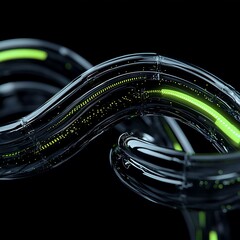 Poster - Abstract Glow Flowing Line with Neon Green Light in Dark Background for Modern Art and Design Concepts
