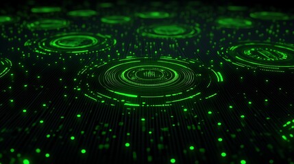 Poster - abstract glowing green circles on dark background, digital technology concept for modern design and 