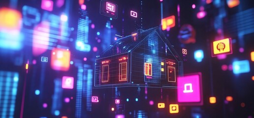 Poster - A digital house surrounded by vibrant data icons and connections.