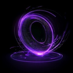 Poster - Abstract glowing purple circle design with light trails and digital particles on a black background