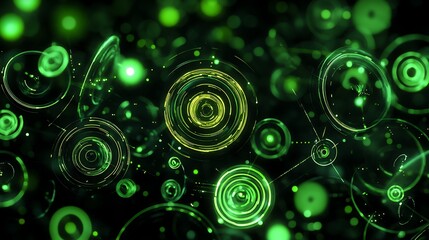 Poster - abstract green circular patterns with light effects and digital elements in a futuristic background