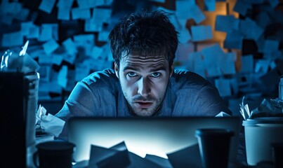 Poster - A focused individual working late at a cluttered desk with papers.