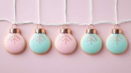 Whimsical Christmas cookies shaped as festive bulbs, coated in glossy icing, sprinkled with edible glitter, and connected by a candy string light