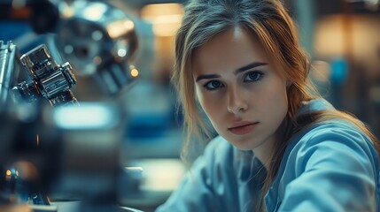 Poster - A focused young woman in a lab setting, engaged in scientific work.
