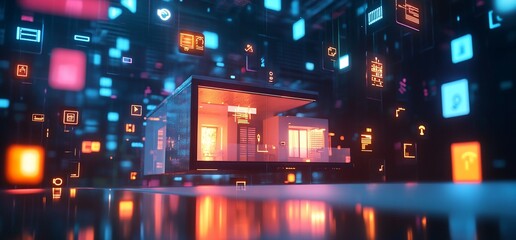 Aufkleber - A futuristic house surrounded by vibrant digital icons and data streams.