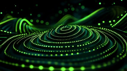 Poster - abstract green wave pattern with glowing dots and curved lines for digital backgrounds and motion gr