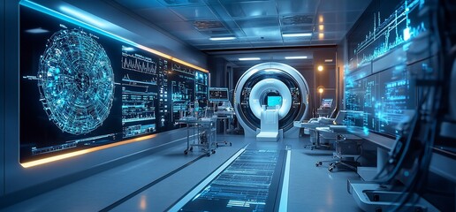 Poster - A futuristic laboratory featuring advanced technology and data displays.