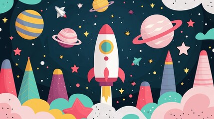 Aufkleber - Launching spaceship in night sky background image. Fantastic travel to universe flat colorful illustration backdrop horizontal. Cosmic children artwork wallpaper art concept