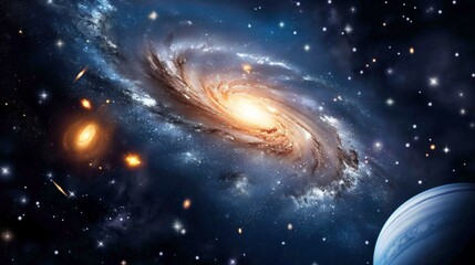 Poster - galaxy glowing core and spiraling arms in space image. abstract formation against starry sky photogr