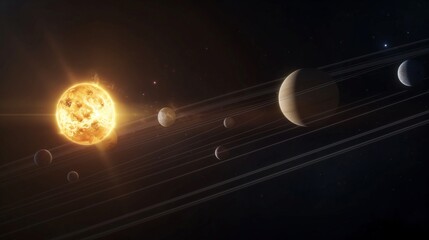 Aufkleber - Brightly glowing sun and planets on orbits 3d rendering image. Majestic celestial bodies composition background wallpaper colorful realistic. Outer space discovery concept idea