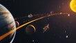 © IMG visuals AI - Different planers moving along orbits in dark space 3d rendering image. Planetary system scheme in cosmic void background wallpaper colorful realistic. Educative model concept idea
