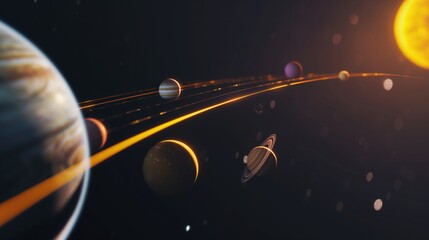Aufkleber - Different planers moving along orbits in dark space 3d rendering image. Planetary system scheme in cosmic void background wallpaper colorful realistic. Educative model concept idea