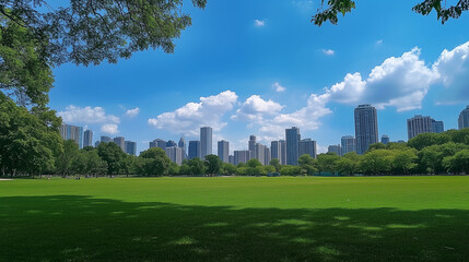 Scenic view of the park with green grass field in city and a cloudy blue sky background Beautiful green park.