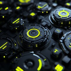 Poster - bright green and black digital interface with futuristic buttons and controls for technology and gam