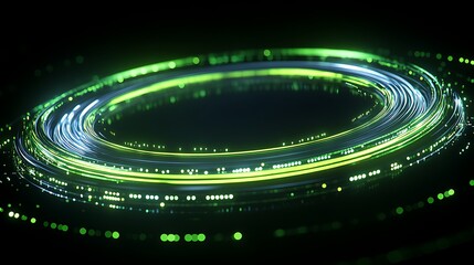 Poster - Circular Light Pattern with Green and Blue Glow on a Dark Background for Abstract Visual Concepts