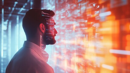 Poster - A man gazes at digital data projections in a futuristic setting.