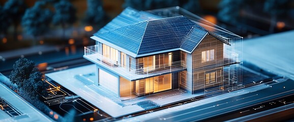 Poster - A modern house design rendered with a digital overlay.